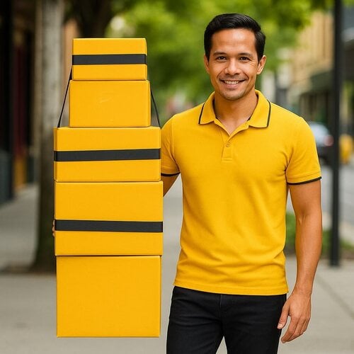 Courier profesional de PITS transportando paquetes amarillos - Servicio de mensajería confiable Lima