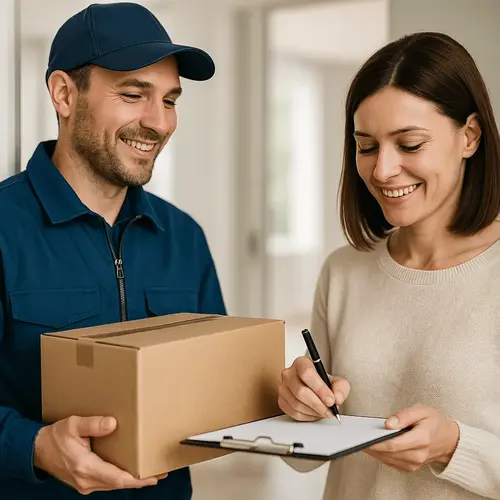 Repartidor de PITS Courier entregando paquete con sonrisa - Servicio profesional de mensajería en Lima Perú